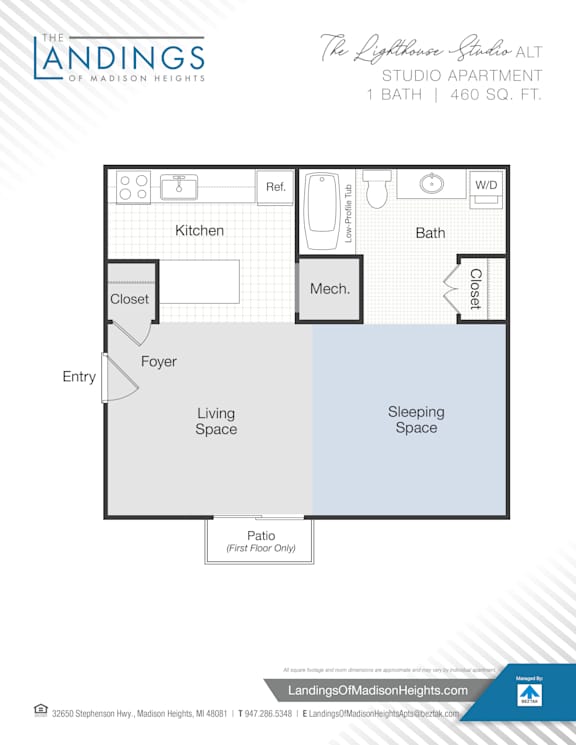 A floor plan for a studio apartment at Landings of Madison Heights.