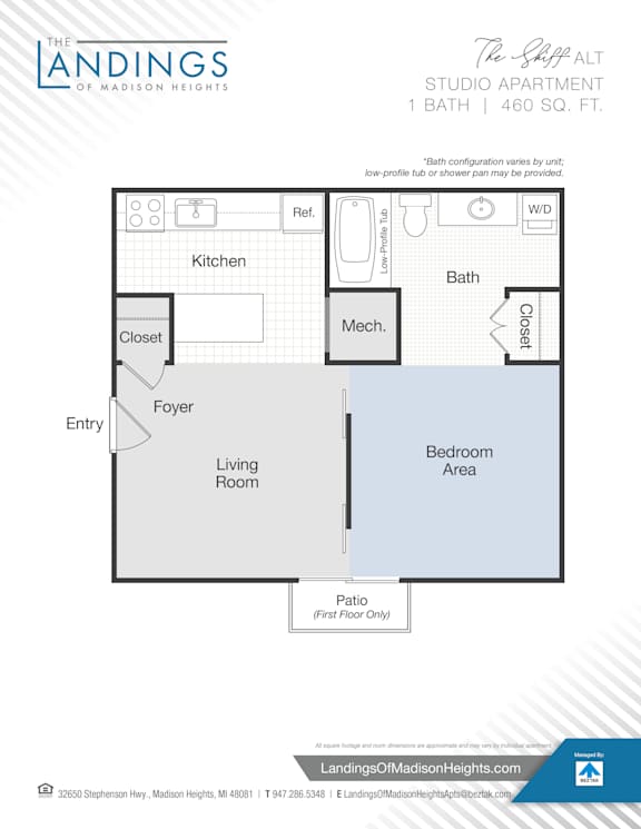 A floor plan for a studio apartment at The Landings of Madison Heights.