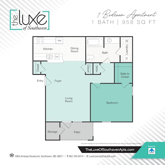 A floor plan for a 7 bedroom apartment with 1 bath and 958 square feet.