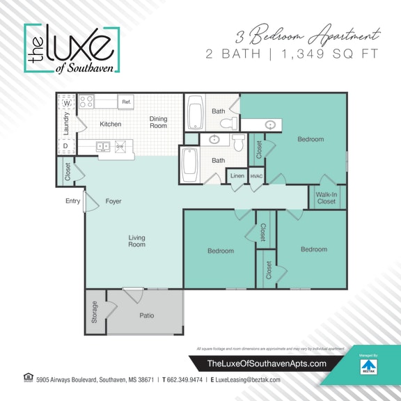 3 bed 2 bath floor plan B at The Luxe of Southaven, Southaven, Mississippi