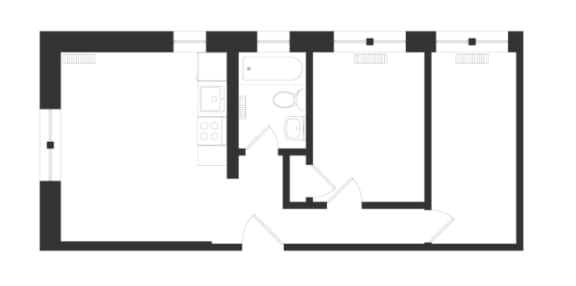 the floor plan of the kitchen and living room of a small house with an open