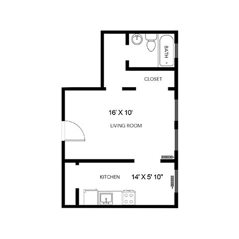 a floor plan of a studio apartment with a bedroom and a living room
