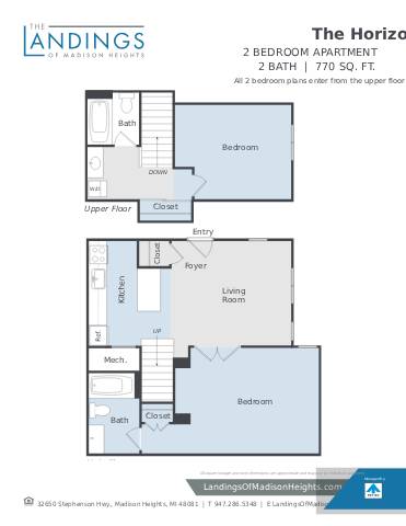 A blueprint of a 2 bedroom apartment with a living room and two bathrooms.