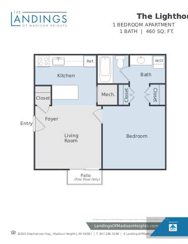 A floor plan for a 1 bedroom apartment at The Landings.