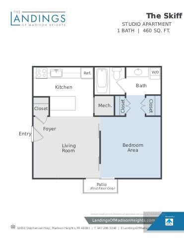 A floor plan for a studio apartment at The Landings of Madison Heights.