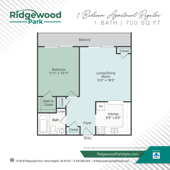 1 bed 1 bath floor planat Ridgewood Park Apartments, Parma Heights, OH