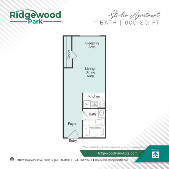 Studio 1 bath floor plan at Ridgewood Park Apartments, Parma Heights, OH, 44130
