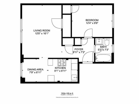 a floor plan of a 1 bedroom floor plan
