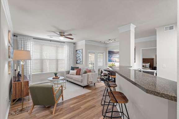Modern Living room and Kitchen view at Deer Creek Apartment Homes, Kansas
