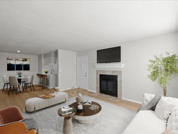 a living room with a fireplace and a couch
