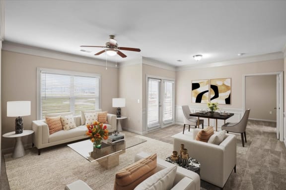 a living room with furniture and a ceiling fan at Stonepost Ranch, Overland Park, KS, 66221