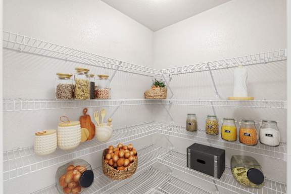 A large pantry with wire rack shelving.