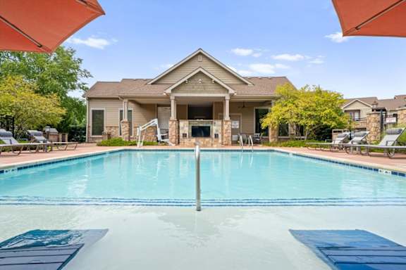 Swimming pool view at Stonepost Ranch Apartments, Overland Park, KS, 66221