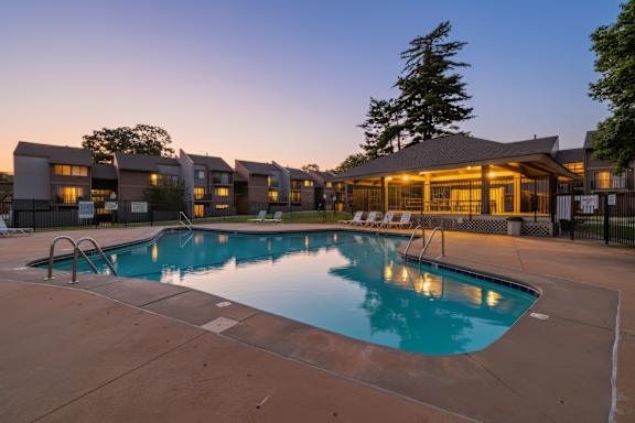 Sunset view of Pool at Bremerton Park Apartment Homes , Prairie Village