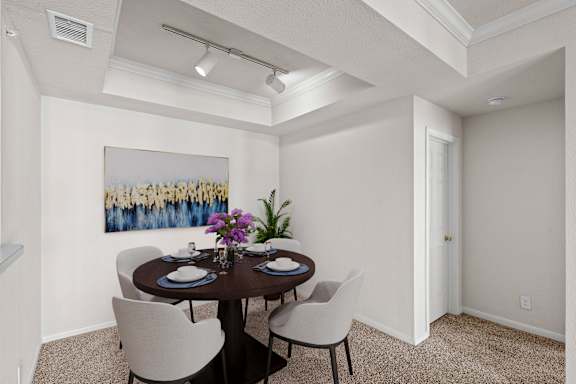 A dining room with track lighting and a hall closet.
