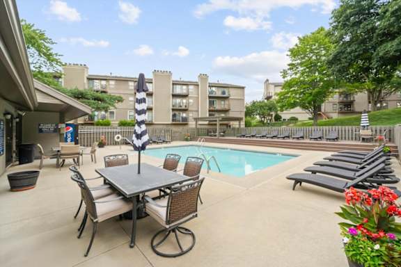 Pool side patio at Cloverset Active Adult Apartments, Kansas City