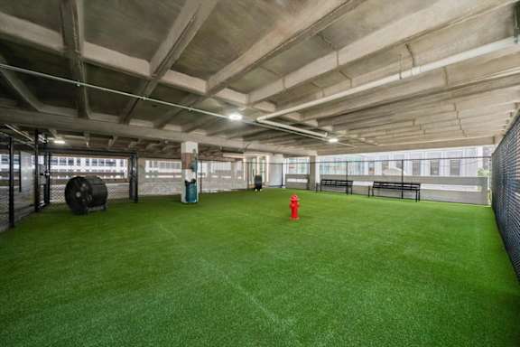 A large indoor space with artificial turf and a red fire hydrant.