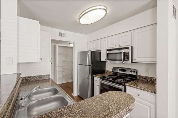 Gourmet kitchen equipped with stainless steel appliances, including dishwasher and microwave, and a large kitchen pantry.