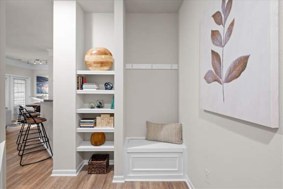 Shelves with decor at Deer Creek Apartment Homes, Kansas, 66213