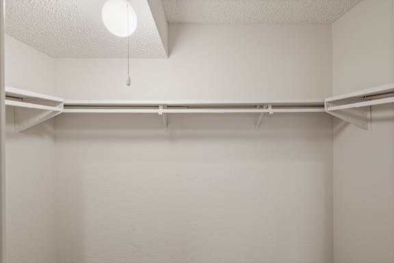 A spacious bedroom closet with a shelf, clothing rack and light at Bristol Pointe Apartments in Olathe, Kansas.
