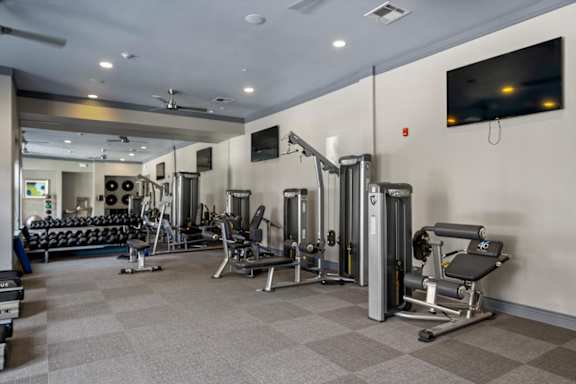 A well-equipped gym with a variety of machines and weights.