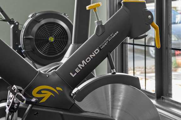 A close up of a Lemond brand exercise bike.