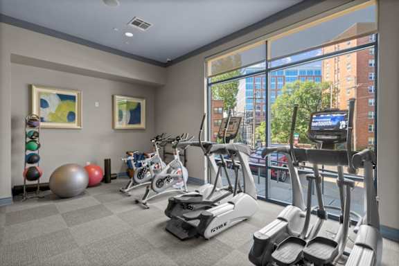 A gym with a row of treadmills and exercise balls.