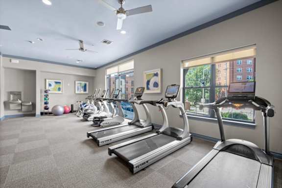A gym with treadmills and exercise equipment.