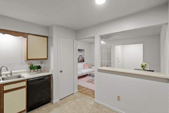 A kitchen with a black dishwasher and a sink with a wooden cabinet.