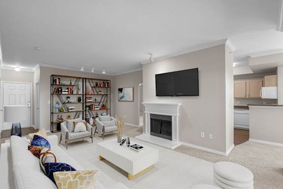Travertine Fireplace with Mantle at The Clairborne Apartment Homes, Grand Prairie, 75050