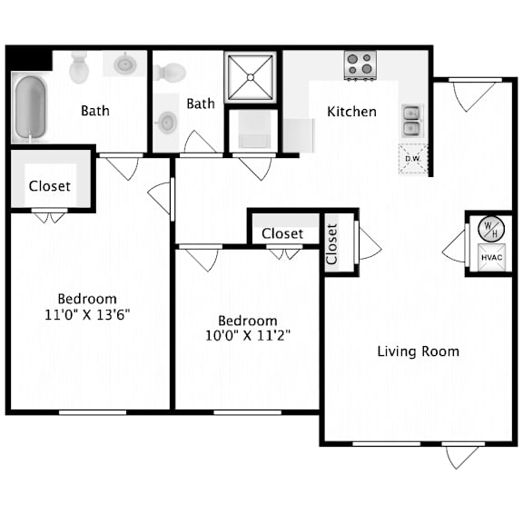 A floor plan of a house with two bedrooms, a living room, a kitchen, and two bathrooms.