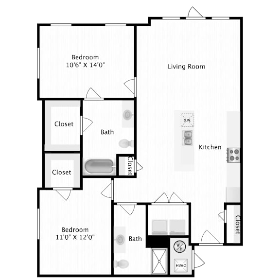 A floor plan of a house with two bedrooms, a living room, a kitchen, and two closets.