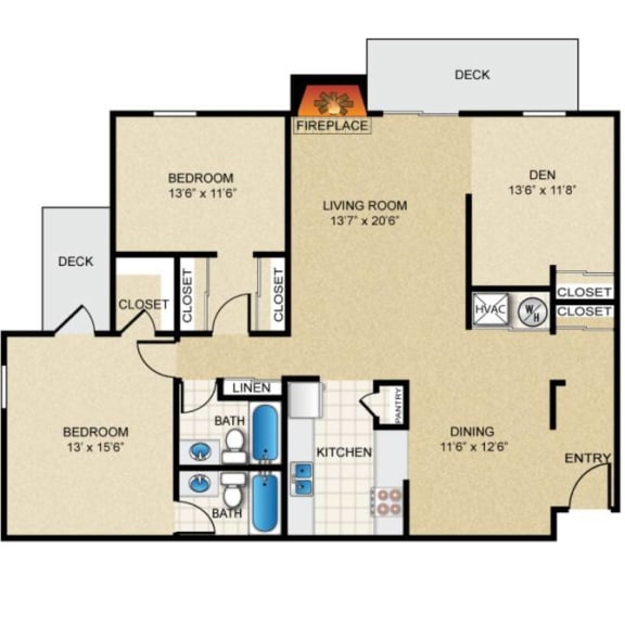2 bedroom, 2 bathroom, den