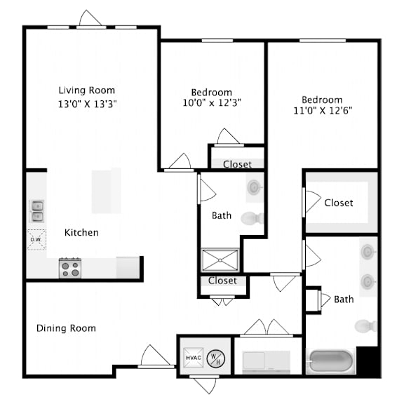 A floor plan of a home with a living room, two bedrooms, a kitchen, a dining room, and a HVAC unit.