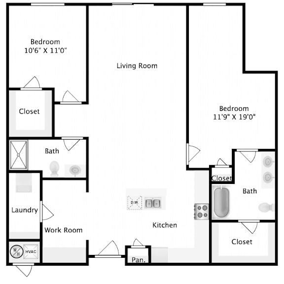 A floor plan of a home with two bedrooms, a living room, a kitchen, a bath, a laundry area, a work room, and a pantry.
