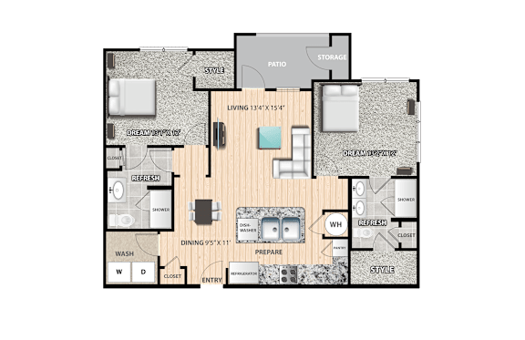 A floor plan of a house with a living room, dining room, kitchen, and bathrooms.