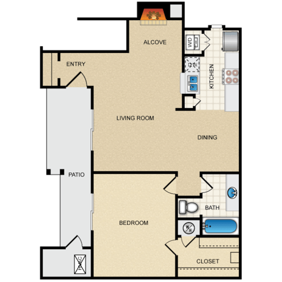 A floor plan of a house with an alcove and a patio.