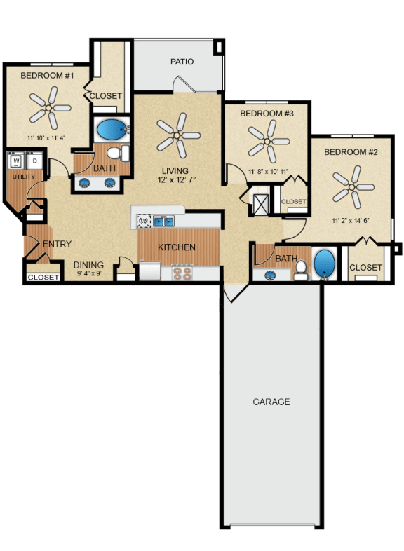 3 bedroom, 2 bathroom