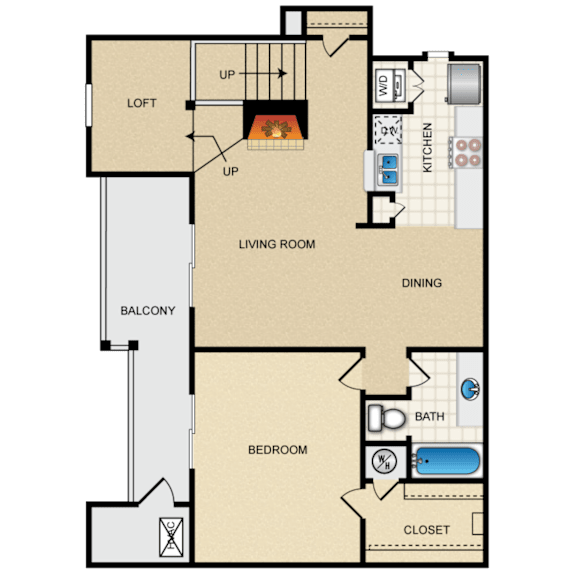 A floor plan of a living space showing a bedroom, living room, and bathroom.