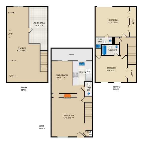 three floor plan of a residence with a garage and a loft