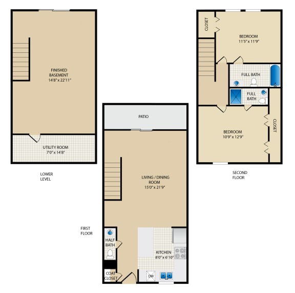 three floor plan of a residence with a bedroom and a living room