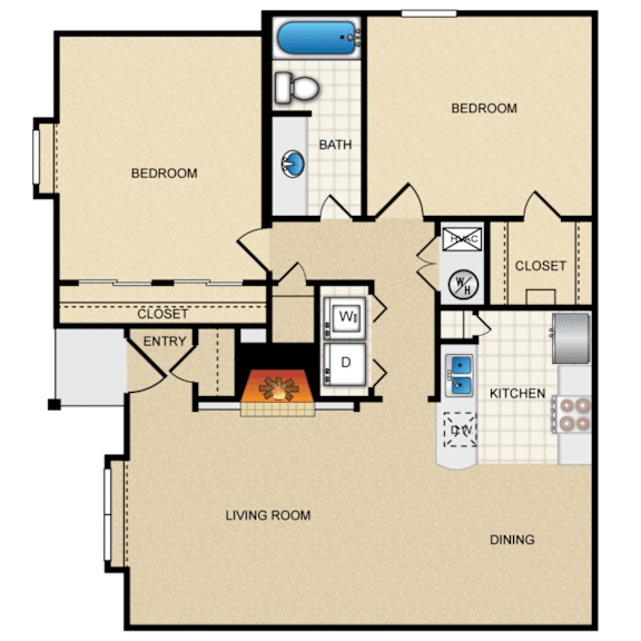 A floor plan of a house with two bedrooms, a living room, a kitchen, a dining area, and a bathroom.