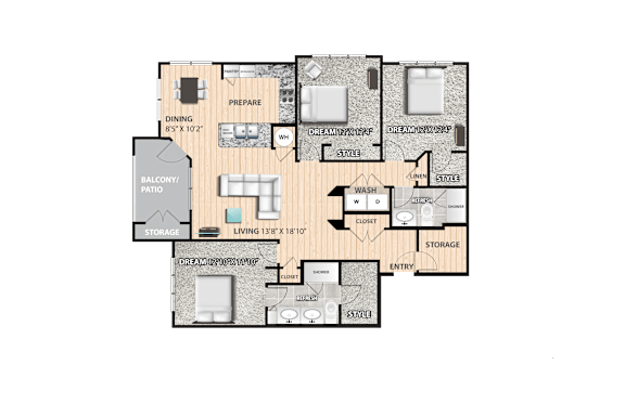 A floor plan of a house with a balcony, a garage, and a storage area.