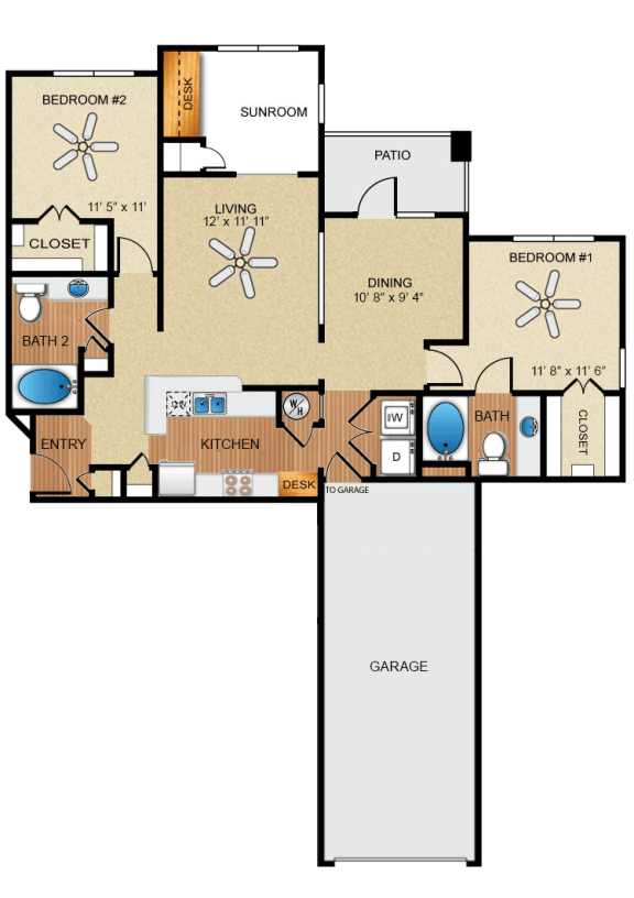 2 bedroom, 2 bathroom, sunroom