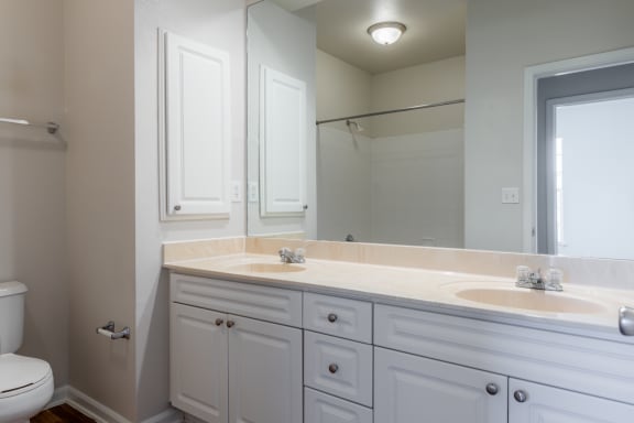 White cabinets in bathroom at Wynnewood Farms Apartments, Overland Park