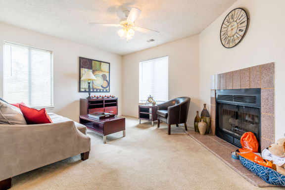 Living Area With Fireplace at Millcreek Woods Apartments, Kansas