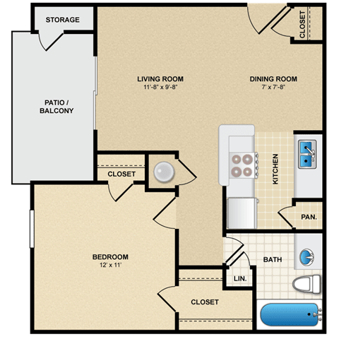 1 bed 1bath floor planat Coventry Oaks Apartments, Overland Park, 66214