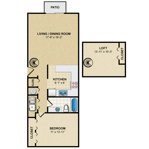 1 bed 1 bath floor planA at Preston Court Apartments, Overland Park, KS
