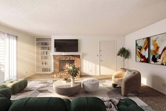 Open living room with brick fireplace, built-in shelving, and ample furniture space inside Louisburg Square Apartments in Overland Park, KS.
