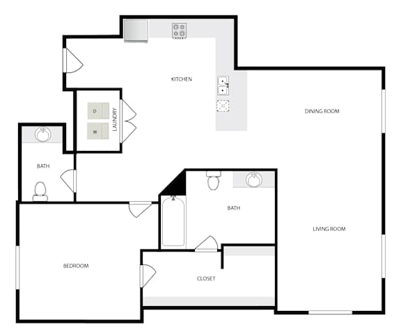 A floor plan of a house with a living room, dining room, kitchen, bath, bedroom, and closet.